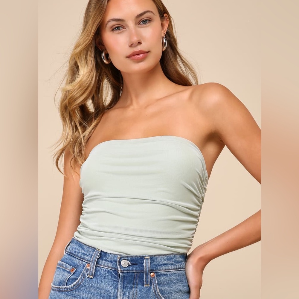 Profoundly Cute Sage Green Mesh Ruched Strapless Bodysuit